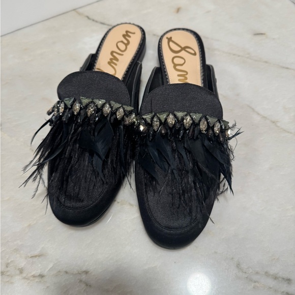 Sam Edelman Black Feather Embellished Loafers - Picture 1 of 8